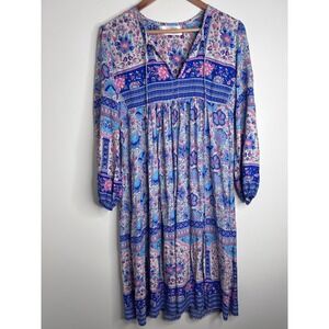 Walker & Wade Blue Pink Floral Boho Babydoll Dress XS Long Sleeve Festival Beach